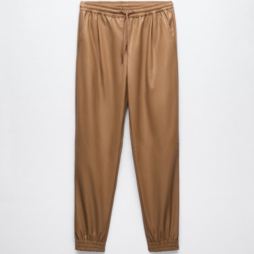NWT ZARA FAUX LEATHER JOGGING PANTS  CAMEL